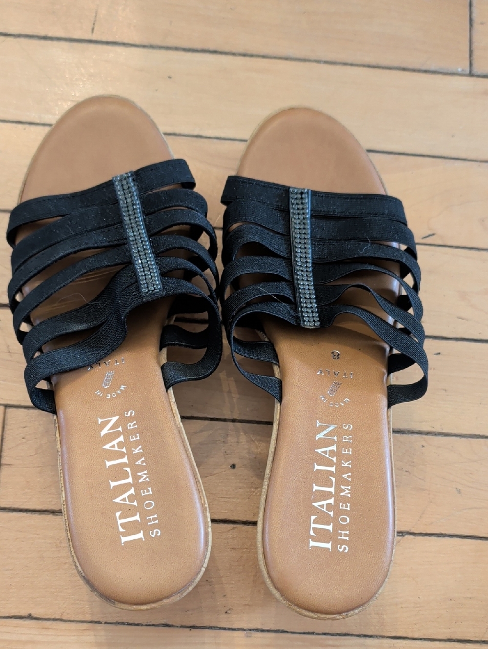 Italian Shoemakers Black Strappy Slide Mules with Rhinestone Accent
